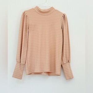 Bohme Women’s Striped Mock Neck Puff Sleeve Top Beige